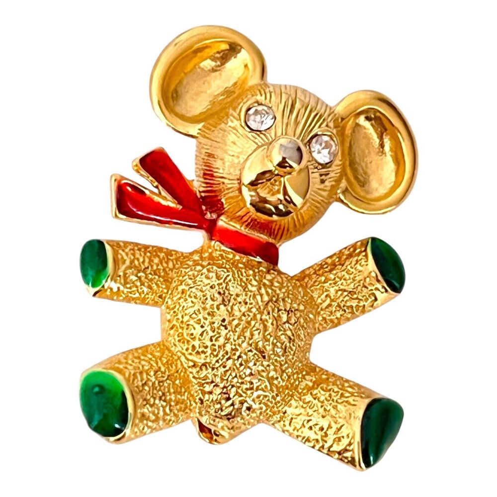 Vintage 1980s Teddy Bear Brooch Enamel Gold Tone Figural Pin - 11T